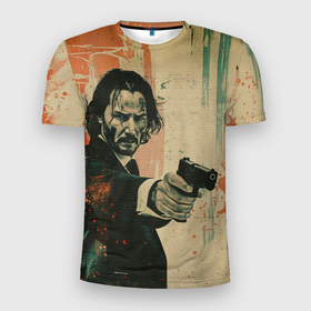 Мужская футболка 3D Slim с принтом Джон Уик с пистолетом в Тюмени, 100% полиэстер с улучшенными характеристиками | приталенный силуэт, круглая горловина, широкие плечи, сужается к линии бедра | 