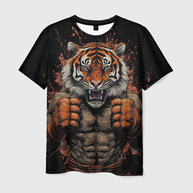 Мужская футболка 3D с принтом Муай Тай боевой  тигр в перчатках в Белгороде, 100% полиэфир | прямой крой, круглый вырез горловины, длина до линии бедер | 