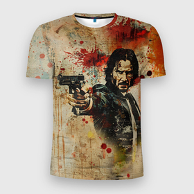 Мужская футболка 3D Slim с принтом Джон Уик с пистолетом в стиле гранж в Кировске, 100% полиэстер с улучшенными характеристиками | приталенный силуэт, круглая горловина, широкие плечи, сужается к линии бедра | 