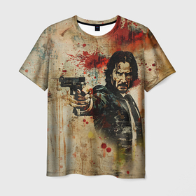 Мужская футболка 3D с принтом Джон Уик с пистолетом в стиле гранж в Петрозаводске, 100% полиэфир | прямой крой, круглый вырез горловины, длина до линии бедер | 