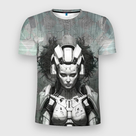 Мужская футболка 3D Slim с принтом Бронированная девушка андроид в Петрозаводске, 100% полиэстер с улучшенными характеристиками | приталенный силуэт, круглая горловина, широкие плечи, сужается к линии бедра | 