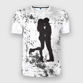Мужская футболка 3D Slim с принтом Силуэт парня с девушкой в обнимку в Белгороде, 100% полиэстер с улучшенными характеристиками | приталенный силуэт, круглая горловина, широкие плечи, сужается к линии бедра | 