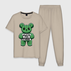 Мужская пижама хлопок с принтом Милый кактусовый мишка в Петрозаводске, 100% хлопок | брюки и футболка прямого кроя, без карманов, на брюках мягкая резинка на поясе и по низу штанин
 | 