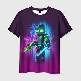 Мужская футболка 3D с принтом Cyberpunk and Minecraft   collaboration ai art , 100% полиэфир | прямой крой, круглый вырез горловины, длина до линии бедер | 