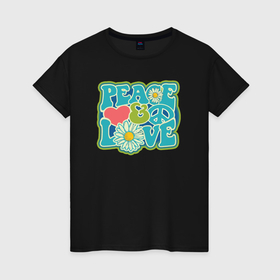 Женская футболка хлопок с принтом Peace love в Курске, 100% хлопок | прямой крой, круглый вырез горловины, длина до линии бедер, слегка спущенное плечо | 