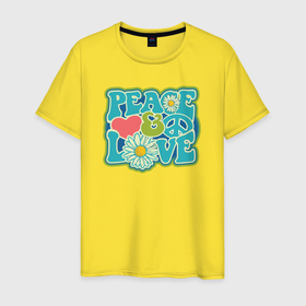 Мужская футболка хлопок с принтом Peace love в Курске, 100% хлопок | прямой крой, круглый вырез горловины, длина до линии бедер, слегка спущенное плечо. | Тематика изображения на принте: 