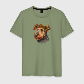 Мужская футболка хлопок с принтом Вельштерьер арт с осенними листьями , 100% хлопок | прямой крой, круглый вырез горловины, длина до линии бедер, слегка спущенное плечо. | 