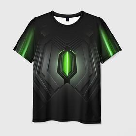 Мужская футболка 3D с принтом Яркая зеленая люминисцентная лампа на тёмном в стиле nvidia в Курске, 100% полиэфир | прямой крой, круглый вырез горловины, длина до линии бедер | 