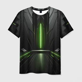 Мужская футболка 3D с принтом Green neon abstract  black background в Петрозаводске, 100% полиэфир | прямой крой, круглый вырез горловины, длина до линии бедер | Тематика изображения на принте: 