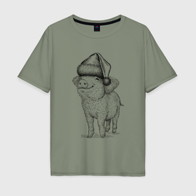 Мужская футболка хлопок Oversize с принтом Новогодняя свинка , 100% хлопок | свободный крой, круглый ворот, “спинка” длиннее передней части | 
