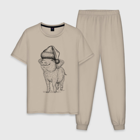 Мужская пижама хлопок с принтом Новогодняя свинка в Санкт-Петербурге, 100% хлопок | брюки и футболка прямого кроя, без карманов, на брюках мягкая резинка на поясе и по низу штанин
 | Тематика изображения на принте: 