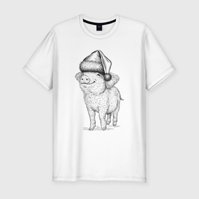 Мужская футболка хлопок Slim с принтом Новогодняя свинка в Санкт-Петербурге, 92% хлопок, 8% лайкра | приталенный силуэт, круглый вырез ворота, длина до линии бедра, короткий рукав | Тематика изображения на принте: 