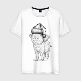 Мужская футболка хлопок с принтом Новогодняя свинка в Тюмени, 100% хлопок | прямой крой, круглый вырез горловины, длина до линии бедер, слегка спущенное плечо. | 