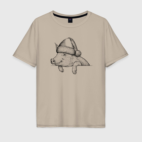 Мужская футболка хлопок Oversize с принтом Новогодняя хрюшка в Тюмени, 100% хлопок | свободный крой, круглый ворот, “спинка” длиннее передней части | 