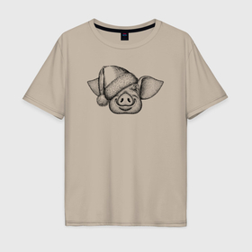 Мужская футболка хлопок Oversize с принтом Хрюшка новогодняя в Тюмени, 100% хлопок | свободный крой, круглый ворот, “спинка” длиннее передней части | 