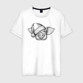 Мужская футболка хлопок с принтом Хрюшка новогодняя , 100% хлопок | прямой крой, круглый вырез горловины, длина до линии бедер, слегка спущенное плечо. | 
