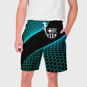 Мужские шорты 3D с принтом Barcelona football net в Екатеринбурге,  полиэстер 100% | прямой крой, два кармана без застежек по бокам. Мягкая трикотажная резинка на поясе, внутри которой широкие завязки. Длина чуть выше колен | 