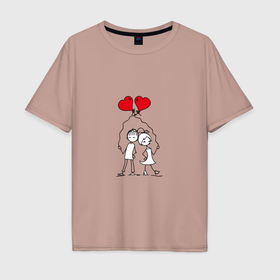 Мужская футболка хлопок Oversize с принтом Влюбленная пара с шарами в Тюмени, 100% хлопок | свободный крой, круглый ворот, “спинка” длиннее передней части | Тематика изображения на принте: 