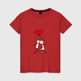 Женская футболка хлопок с принтом Влюбленная пара с шарами в Екатеринбурге, 100% хлопок | прямой крой, круглый вырез горловины, длина до линии бедер, слегка спущенное плечо | 