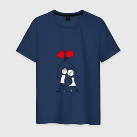 Мужская футболка хлопок с принтом Влюбленная пара с шарами в Тюмени, 100% хлопок | прямой крой, круглый вырез горловины, длина до линии бедер, слегка спущенное плечо. | Тематика изображения на принте: 