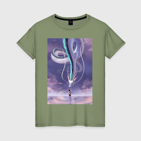 Женская футболка хлопок с принтом Тихиро Огино дракон , 100% хлопок | прямой крой, круглый вырез горловины, длина до линии бедер, слегка спущенное плечо | 