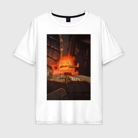 Мужская футболка хлопок Oversize с принтом Кальцифер огненный демон в Петрозаводске, 100% хлопок | свободный крой, круглый ворот, “спинка” длиннее передней части | 