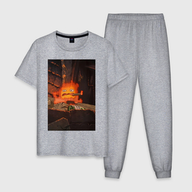 Мужская пижама хлопок с принтом Кальцифер огненный демон в Петрозаводске, 100% хлопок | брюки и футболка прямого кроя, без карманов, на брюках мягкая резинка на поясе и по низу штанин
 | 
