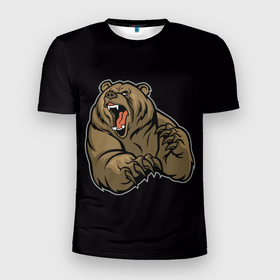 Мужская футболка 3D Slim с принтом Бурый медведь злится в Санкт-Петербурге, 100% полиэстер с улучшенными характеристиками | приталенный силуэт, круглая горловина, широкие плечи, сужается к линии бедра | 