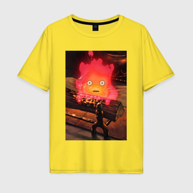 Мужская футболка хлопок Oversize с принтом Кальцифер огненный демон в Петрозаводске, 100% хлопок | свободный крой, круглый ворот, “спинка” длиннее передней части | 