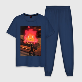 Мужская пижама хлопок с принтом Кальцифер огненный демон в Петрозаводске, 100% хлопок | брюки и футболка прямого кроя, без карманов, на брюках мягкая резинка на поясе и по низу штанин
 | 