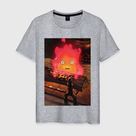 Мужская футболка хлопок с принтом Кальцифер огненный демон в Петрозаводске, 100% хлопок | прямой крой, круглый вырез горловины, длина до линии бедер, слегка спущенное плечо. | 