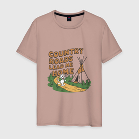 Мужская футболка хлопок с принтом Country roads lead me home в Курске, 100% хлопок | прямой крой, круглый вырез горловины, длина до линии бедер, слегка спущенное плечо. | 