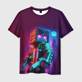 Мужская футболка 3D с принтом Cyberpunk and Minecraft   collaboration ai art , 100% полиэфир | прямой крой, круглый вырез горловины, длина до линии бедер | 