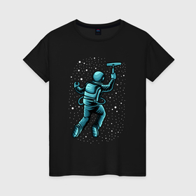 Женская футболка хлопок с принтом Астронавт счищает звезды в Курске, 100% хлопок | прямой крой, круглый вырез горловины, длина до линии бедер, слегка спущенное плечо | 