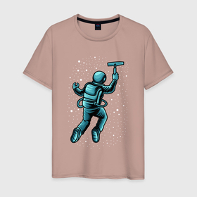 Мужская футболка хлопок с принтом Астронавт счищает звезды в Тюмени, 100% хлопок | прямой крой, круглый вырез горловины, длина до линии бедер, слегка спущенное плечо. | 