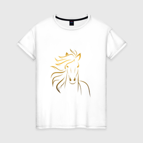 Женская футболка хлопок с принтом Золотой силуэт лошади в Курске, 100% хлопок | прямой крой, круглый вырез горловины, длина до линии бедер, слегка спущенное плечо | 