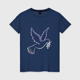 Женская футболка хлопок с принтом Контурный голубь с веточкой в Белгороде, 100% хлопок | прямой крой, круглый вырез горловины, длина до линии бедер, слегка спущенное плечо | 