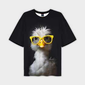 Мужская футболка oversize 3D с принтом Белый гусь в желтых очках на черном фоне в Курске,  |  | Тематика изображения на принте: 