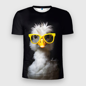 Мужская футболка 3D Slim с принтом Белый гусь в желтых очках на черном фоне в Тюмени, 100% полиэстер с улучшенными характеристиками | приталенный силуэт, круглая горловина, широкие плечи, сужается к линии бедра | 