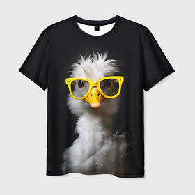 Мужская футболка 3D с принтом Белый гусь в желтых очках на черном фоне в Курске, 100% полиэфир | прямой крой, круглый вырез горловины, длина до линии бедер | Тематика изображения на принте: 