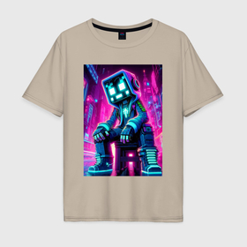 Мужская футболка хлопок Oversize с принтом Minecraft   dude in the neon city в Кировске, 100% хлопок | свободный крой, круглый ворот, “спинка” длиннее передней части | Тематика изображения на принте: 