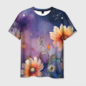 Мужская футболка 3D с принтом Космическое цветение в Екатеринбурге, 100% полиэфир | прямой крой, круглый вырез горловины, длина до линии бедер | 