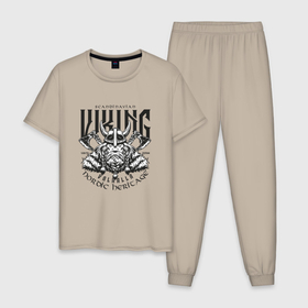 Мужская пижама хлопок с принтом Скандинавский викинг в Тюмени, 100% хлопок | брюки и футболка прямого кроя, без карманов, на брюках мягкая резинка на поясе и по низу штанин
 | 