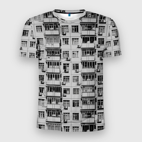 Мужская футболка 3D Slim с принтом Панелька в черно белых тонах в Новосибирске, 100% полиэстер с улучшенными характеристиками | приталенный силуэт, круглая горловина, широкие плечи, сужается к линии бедра | 