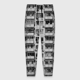 Мужские брюки 3D с принтом Панелька в черно белых тонах в Екатеринбурге, 100% полиэстер | манжеты по низу, эластичный пояс регулируется шнурком, по бокам два кармана без застежек, внутренняя часть кармана из мелкой сетки | 