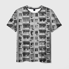 Мужская футболка 3D с принтом Панелька в черно белых тонах в Курске, 100% полиэфир | прямой крой, круглый вырез горловины, длина до линии бедер | 