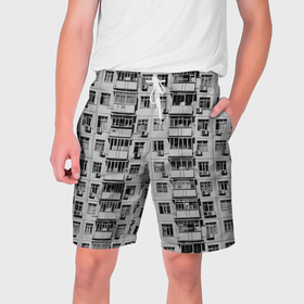 Мужские шорты 3D с принтом Панелька в черно белых тонах в Санкт-Петербурге,  полиэстер 100% | прямой крой, два кармана без застежек по бокам. Мягкая трикотажная резинка на поясе, внутри которой широкие завязки. Длина чуть выше колен | 