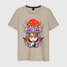 Мужская футболка хлопок с принтом Мифологическая девушка самурай в Кировске, 100% хлопок | прямой крой, круглый вырез горловины, длина до линии бедер, слегка спущенное плечо. | 