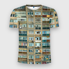 Мужская футболка 3D Slim с принтом Панельный дом в Курске, 100% полиэстер с улучшенными характеристиками | приталенный силуэт, круглая горловина, широкие плечи, сужается к линии бедра | 