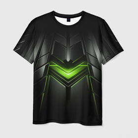 Мужская футболка 3D с принтом Объемная абстрактная яркая зеленая  фигура на черном фоне в Курске, 100% полиэфир | прямой крой, круглый вырез горловины, длина до линии бедер | 